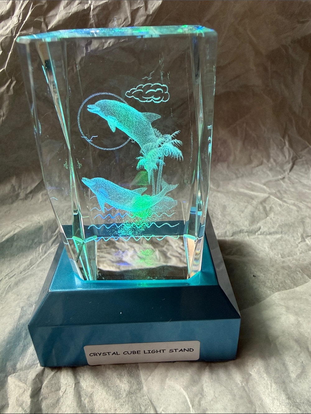 Crystal Cube with Dolphin & beach theme Etching. Base not included.